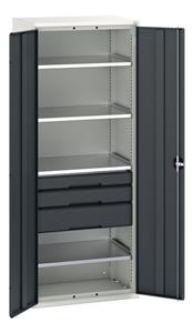 Verso kitted cupboard with 4 shelves, 3 drawers. WxDxH: 800x550x2000mm. RAL 7035/5010 or selected Bott Verso Basic Tool Cupboards Cupboard with shelves